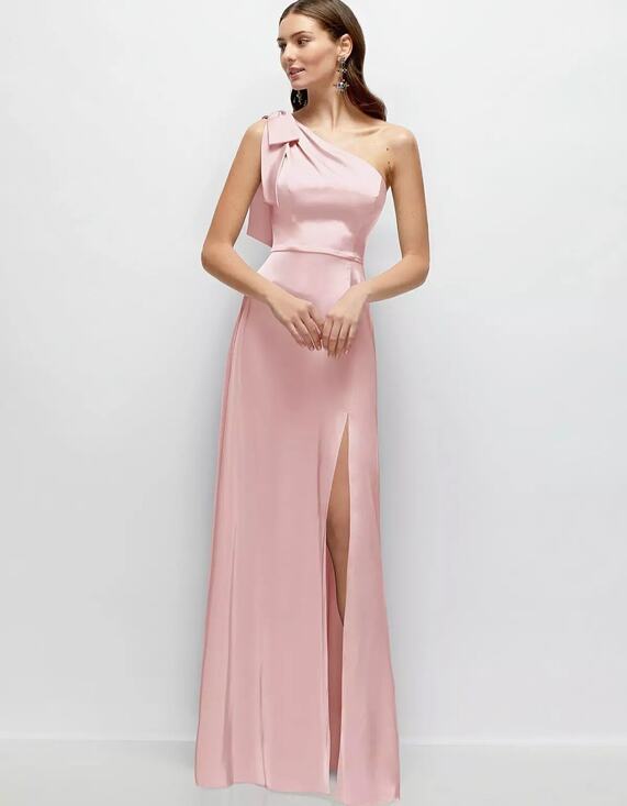 After Six Dresses & Skirts - NWT After Six Bow One Shoulder Fluid Satin Maxi Dress Full Skirt Ballet Pink XS